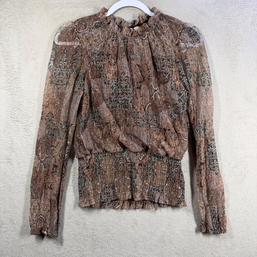 Joie Blouse Women's M Brown Metallic Paisley Smocked Mock Neck Lurex Top